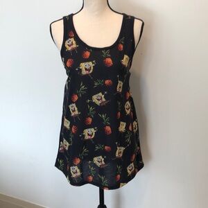 🎄Sponge bob square pants black patterned print pineapple shirt tank top SZ L